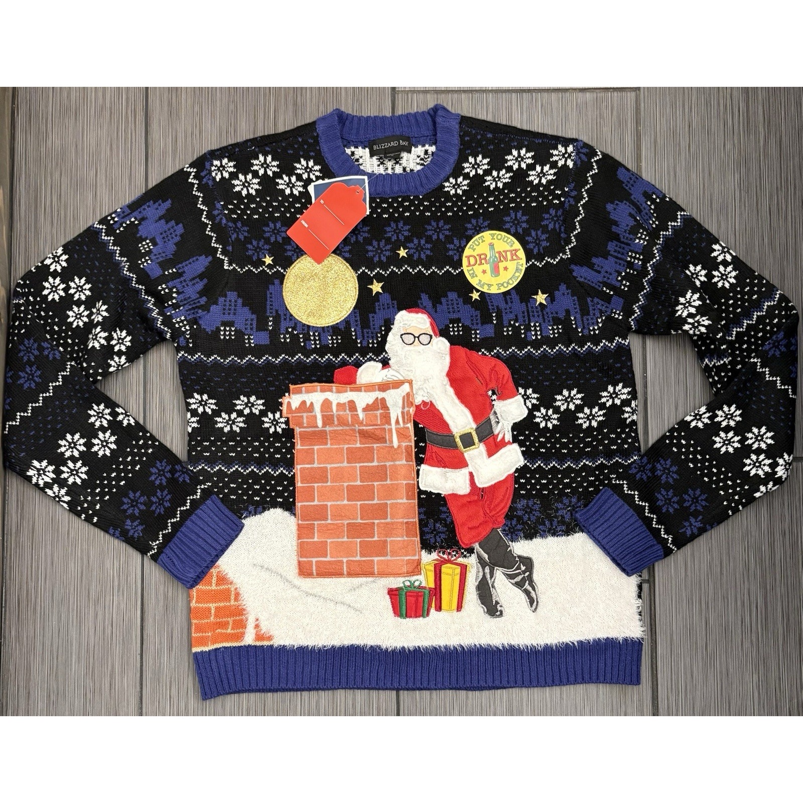 Blizzard Bay Ugly Christmas Sweater Santa With Drink Holder Size Large Nwt